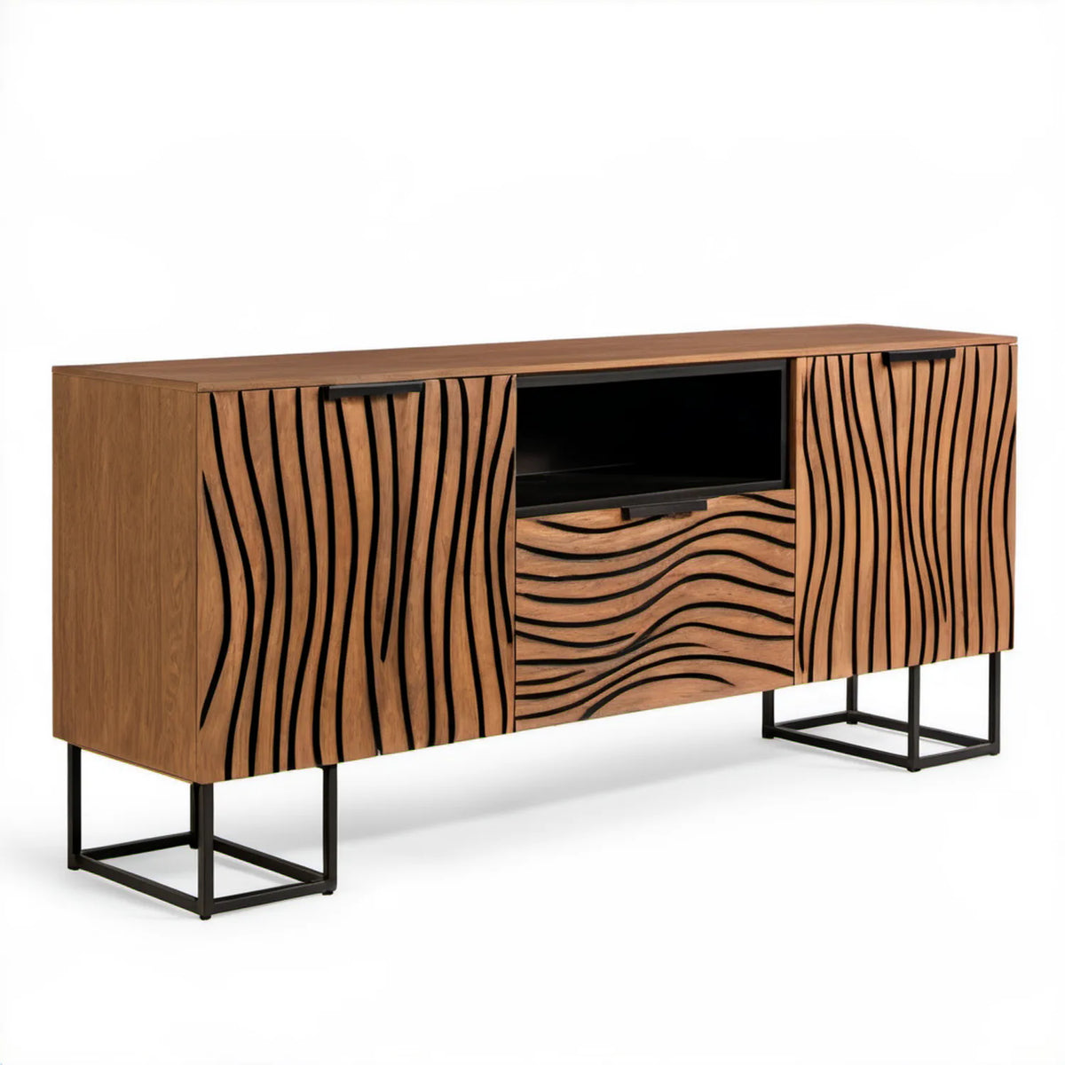 Szafka RTV w kolorze orzechowym i czarnym, 160 × 40 × 75 cm, MDF i stal