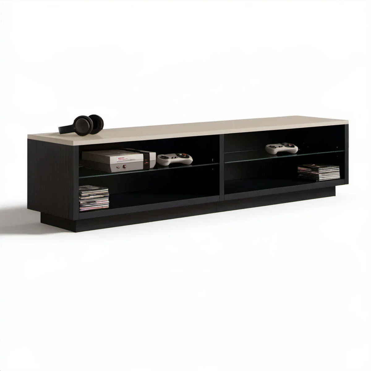Szafka RTV czarno-beżowa 180 × 40 × 45 cm z laminowanej płyty wiórowej
