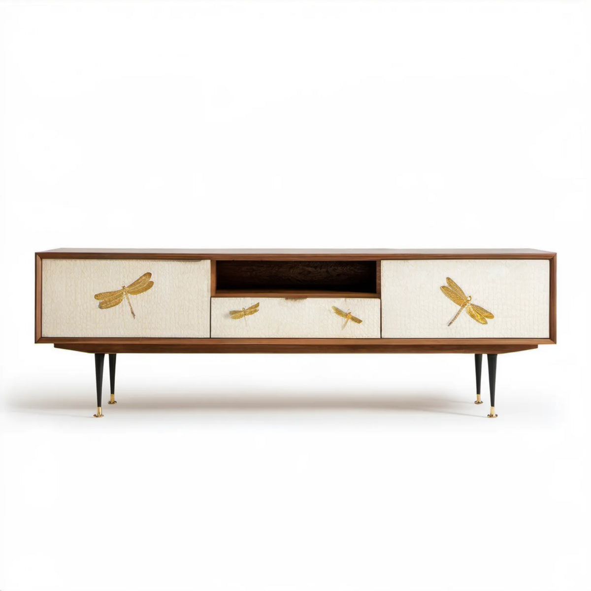 Szafka RTV z dekoracją ważek, orzechowa/kremowa/czarna/złota, 180 × 40 × 65 cm