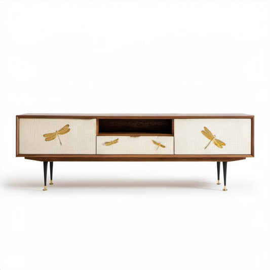 Szafka RTV z dekoracją ważek, orzechowa/kremowa/czarna/złota, 180 × 40 × 65 cm