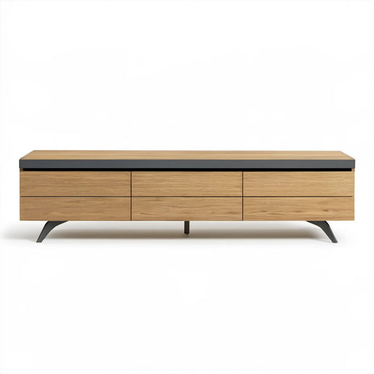 Szafka RTV z 6 szufladami, dąb naturalny/czarny, 180 x 40 x 55 cm